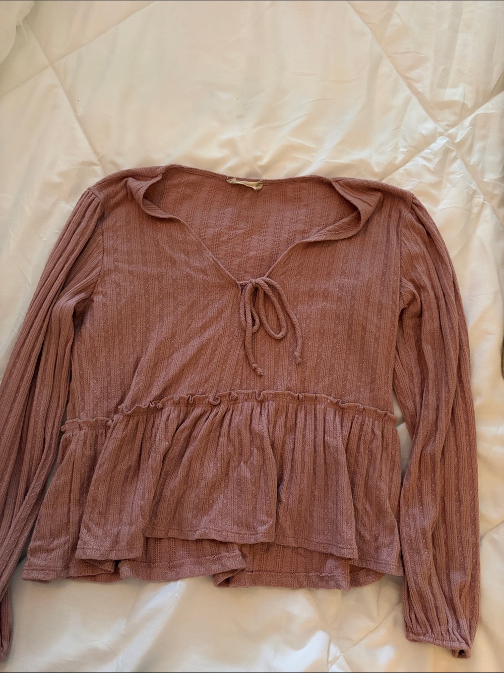 Altar'd State Dusty Rose Tie-Neck Peplum Long Sleeve Top